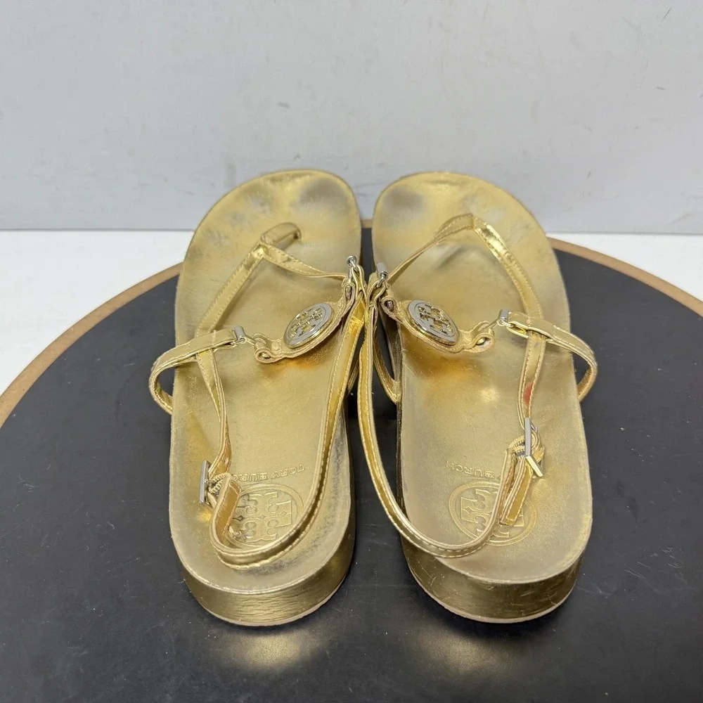 Tory Burch Sandals Womens Size 11 Gold Leather Thong Slingback Logo Casual
